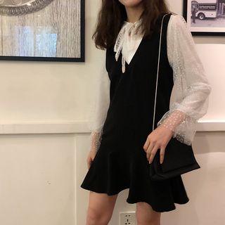 Set: Lantern-sleeve Lace Shirt + Sleeveless V-neck Mini Pinafore Dress