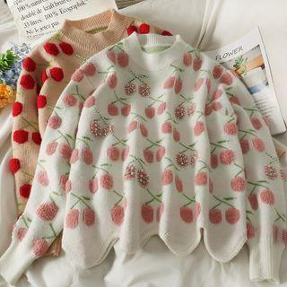 Details Pearl-panel Cherry-print Loose Sweater