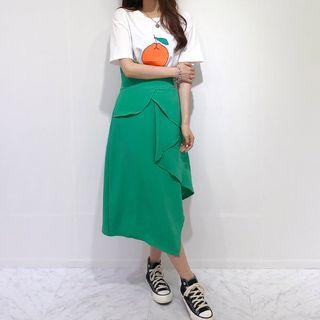 Set: Round-neck Printed T-shirt + Ruffle-detail Checked Skirt