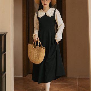 Mock Two-piece Long-sleeve Collared Midi A-line Dress