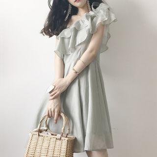Short-sleeve Asymmetric One Shoulder Ruffled A-line Dress