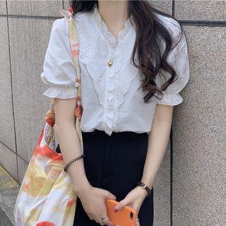 Embroidered Puff-sleeve Shirt White - One Size