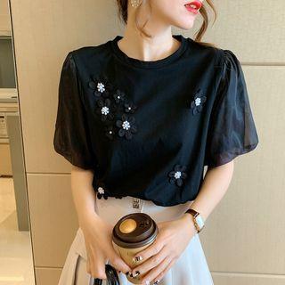 Short-sleeve Flower Detail Lace Panel T-shirt