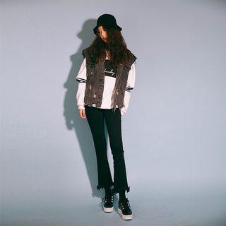 Cropped Fringed-hem Boot-cut Pants