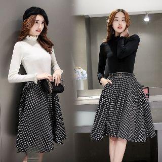 Set: Mock-neck Knit Top + Check A-line Skirt