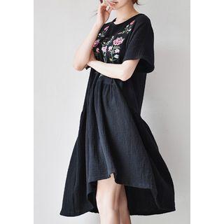 Short-sleeve Flower-embroidered Shirred-waist A-line Dress