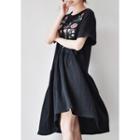 Short-sleeve Flower-embroidered Shirred-waist A-line Dress