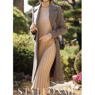 Belted Turtle-neck Midi Rib-knit Dress