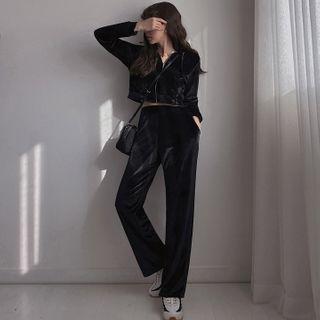 Set: Velvet Cropped Hoodie + Wide-leg Pants