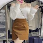 Cold-shoulder Beaded Fluffy Sweater / Front-slit Mini Pencil Skirt