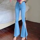 Spaghetti-strap Asymmetric Printed Top / High-waist Side-slit Boot-cut Jeans