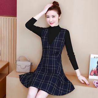 Set: Long-sleeve Mock-neck Knit Top + Plaid Mini A-line Pinafore Dress