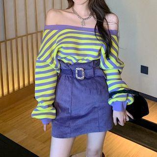 Striped Off-shoulder Sweatshirt / Corduroy Mini A-line Skirt