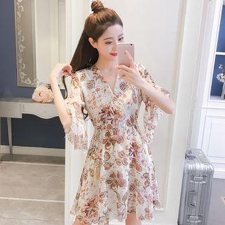 V-neck Printed Flared-cuff A-line Dress
