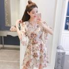 V-neck Printed Flared-cuff A-line Dress