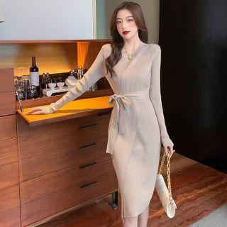 Long-sleeve Wrap Sashed Knit Sheath Dress