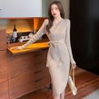 Long-sleeve Wrap Sashed Knit Sheath Dress