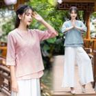Set: Embroidered Elbow-sleeve Chinese Traditional Blouse + High-waist Wide-leg Pants