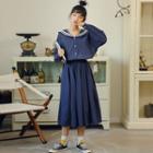 Set: Sailor Shirt + Midi A-line Skirt Set - Shirt - Navy Blue - One Size / Midi Skirt - Navy Blue - One Size