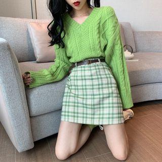 Long-sleeve Plain Cable Knit Top / High-waist Plaid Skirt