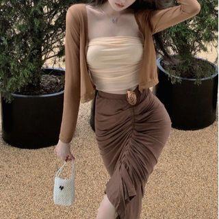 Draped Cropped Camisole Top / Cardigan / Irregular Midi Skirt