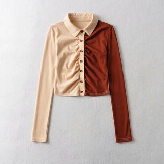 Long-sleeve Collared Button-up Two-tone Top