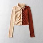 Long-sleeve Collared Button-up Two-tone Top