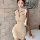 Long-sleeve Crop Top / Sleeveless Collared Mini Sheath Dress / Set