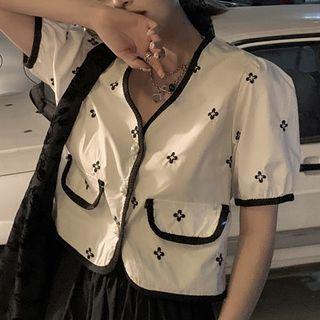Puff-sleeve Floral Embroidered Button-up Blouse White - One Size