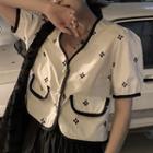 Puff-sleeve Floral Embroidered Button-up Blouse White - One Size