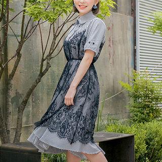Set: Spaghetti-strap Lace Dress + Stripe A-line Shirtdress