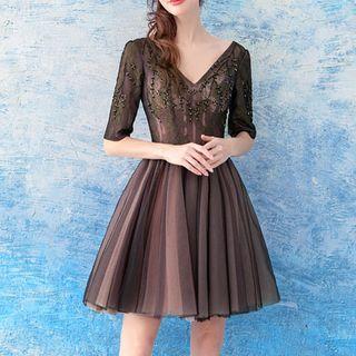 Beaded Elbow Sleeve Cocktail Dress