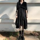 Short-sleeve Ruffled Midi A-line Dress Black - One Size