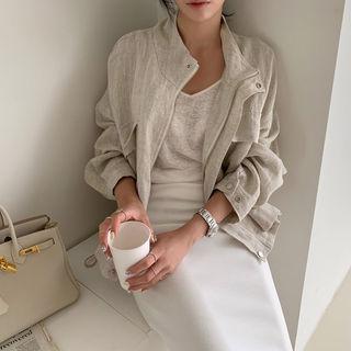 High-neck Linen Zip Jacket Light Beige - One Size