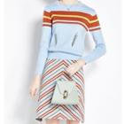Set: Color Block Long-sleeve Knit Top + Striped A-line Skirt Sky Blue - One Size