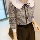 Ribbon-front Frill-collar Gingham Blouse Black - One Size