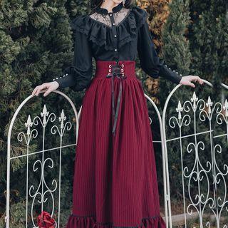 Set: Puff-sleeve Lace Panel Ruffled Blouse + Midi A-line Skirt