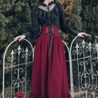 Set: Puff-sleeve Lace Panel Ruffled Blouse + Midi A-line Skirt
