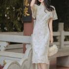 Short-sleeve Floral Print Mesh Midi Qipao Dress