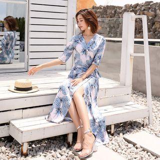 Elbow-sleeve Pineapple Print Maxi Wrap Dress