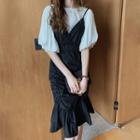 Set: Plain Puff-sleeve Blouse + Spaghetti Strap Shirred A-line Dress