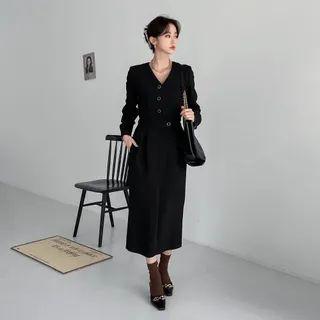V-neck Buttoned Long Dress With Sash