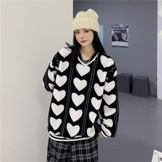 V-neck Heart Print Fleece Sweatshirt
