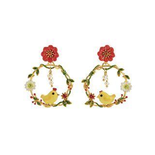 Fashion And Elegant Plated Gold Flower Bird Enamel Earrings With Red Cubic Zirconia Golden - One Size