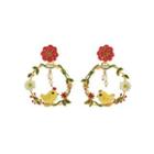 Fashion And Elegant Plated Gold Flower Bird Enamel Earrings With Red Cubic Zirconia Golden - One Size