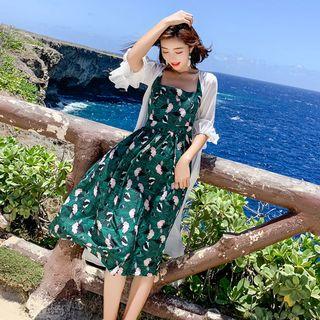 Sleeveless Floral Printed A-line Dress / Long-sleeve Light Jacket