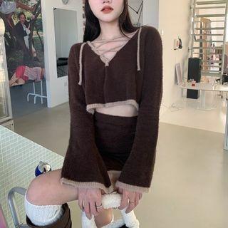 Set: Lace-up Cropped Sweater + Mini Knit Skirt Set Of 2 - Sweater & Skirt - Dark Brown - One Size