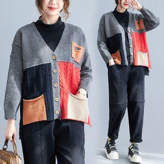 Color Block V-neck Cardigan Gray - One Size