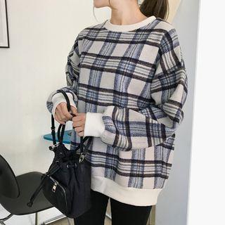 Plaid Wool Blend Sweater Blue - One Size