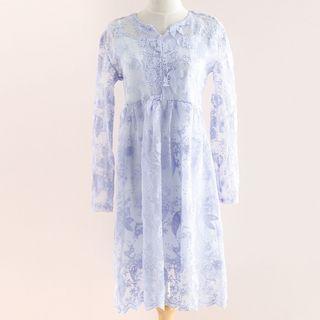 Set : Embroidered Long-sleeve Lace Dress + Strap Dress